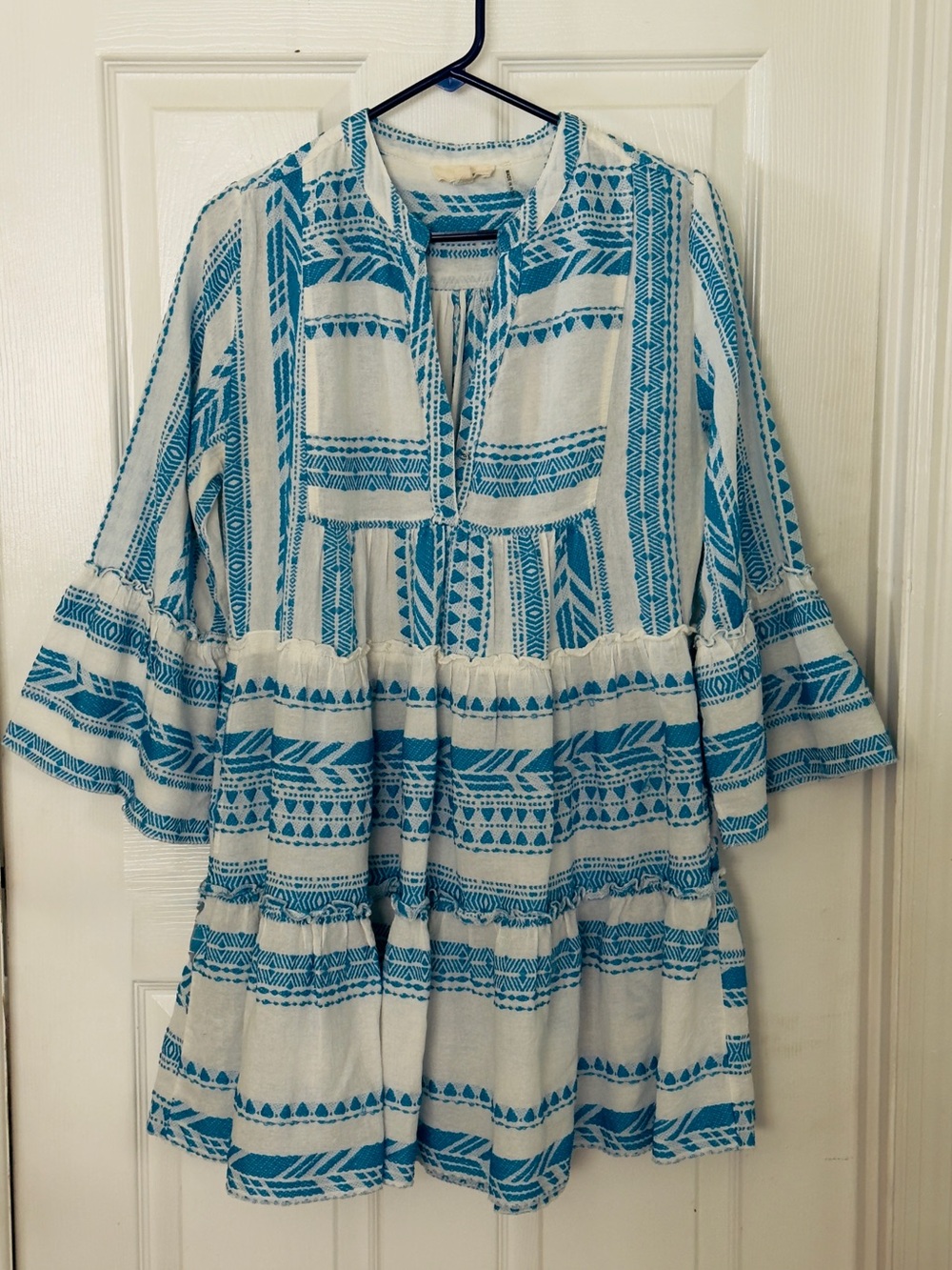 Elan Tiered Baby Doll Mini Dress White and Turquoise Blue Size M